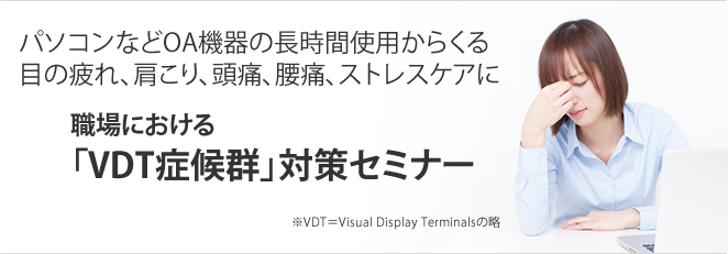 パソコンなどOA機器の長時間使用からくる 目の疲れ、肩こり、頭痛、腰痛、ストレスケアに職場における「VDT症候群」対策セミナー